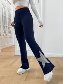 Muchica 女士星星印花松紧腰休闲喇叭腿运动裤 - 藏蓝色 - 查看 3