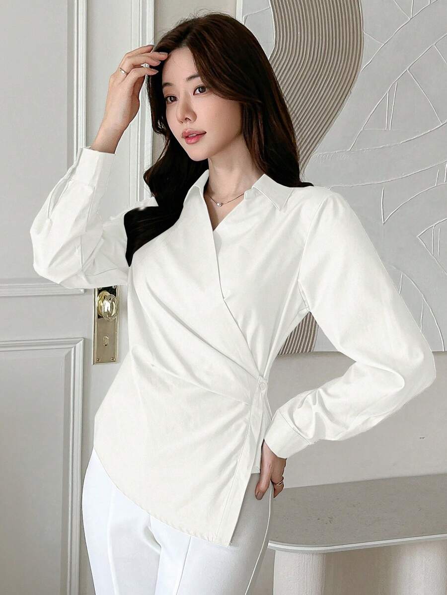 DAZY 1 chiếc áo sơ mi nữ tay dài trơn không đối xứng chéo - trắng - Xem 1