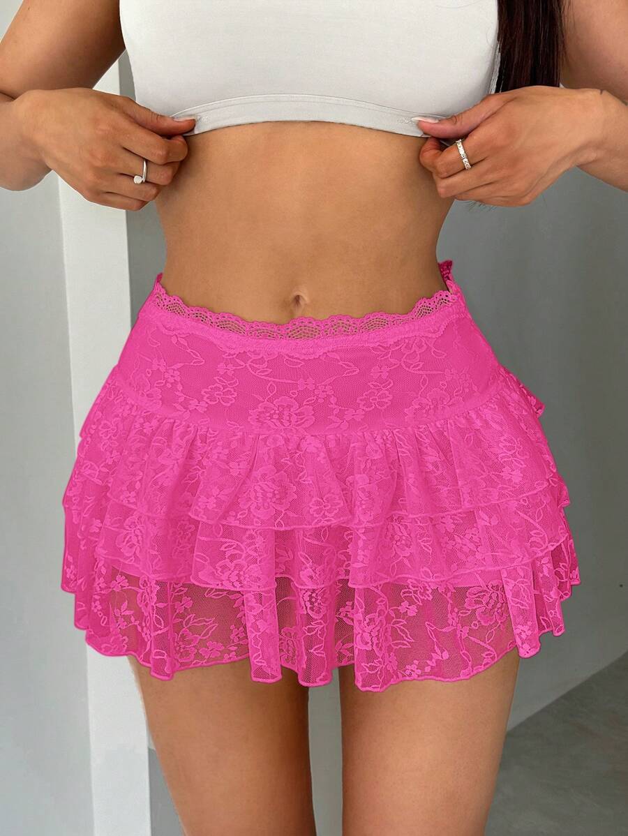 SHEIN SXY Women White Lace Skirt Summer Clothes Peplum Skirt - Hot Pink - View 1