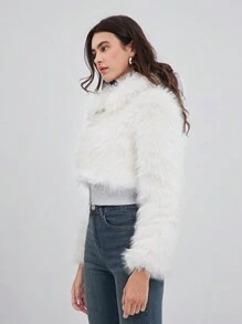 SHEIN EZwear Solid Hook And Eye Placket Fuzzy Coat - White - View 4