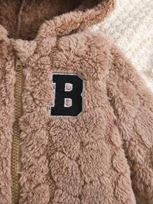 Baby Boys Textured Knit Thermal Lined Hooded Zipper Jumpsuit With Embroidered Letter, Warm And Comfortable For Cold Autumn/Winter Weather