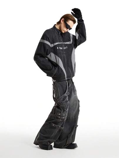 NEON BLANC 男士黑色编织街头风格字母印花拼色棉质深色长袖牛仔夹克