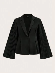 SHEIN BAE Traje de chaqueta y pantalones de pernera ancha elegantes para viajes de negocios, talla grande, con chaqueta negra con solapa, manga acampanada y plisado en la cintura, y pantalones de vestir de dos piezas