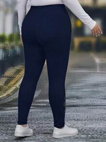 SHEIN PETITE CURVE 大码纯色撞色蕾丝修身打底裤 - 藏蓝色 - 查看 2