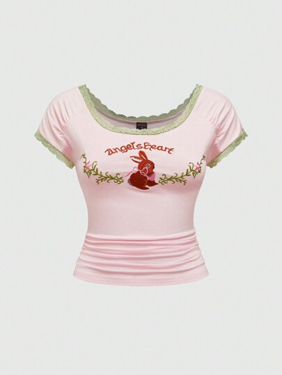 Kawaii T-shirt d'été à manches courtes, grande taille, en patchwork de dentelle avec broderie de lapin style Cottagecore, mignon