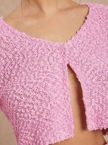 L'Amorae Solid Single Button Front Flare Sleeve Crop Cardigan - Dusty Pink - View 7