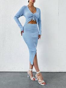 RueChic Women's Drawstring Hollowed Sweater Dress - Baby Blue - View 4
