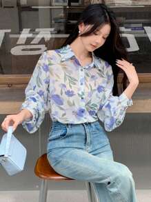 DAZY 花卉印花雪纺长袖女式衬衫 - 淺藍色 - 查看 3