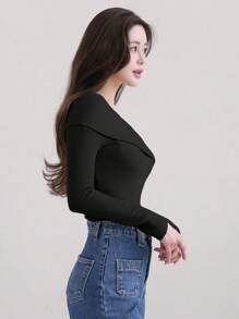 DAZY 女式纯色翻领露肩优雅休闲 T 恤，黑色，春/夏/秋季，返校服长袖女式上衣 - 黑色 - 查看 4