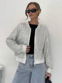 SHEIN Essnce Sequin Embellished Bomber Jacket, Shiny Party Jacket, Silver Color