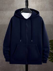 Manfinity Dauomo 1pc Men's Solid Color Long Sleeve Zip Up Drawstring Hoodie Sweatshirt, Autumn