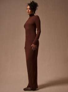 MUSERA High Neck Long Sleeve Ribbed Maxi Dress Elegant Spring Vacation Summer Going Out - Chocolate Brown - View 2