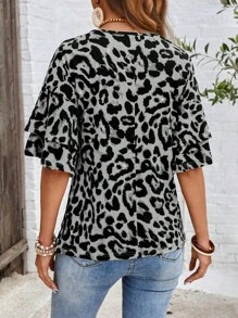 EMERY ROSE Women Leopard Print Layered Ruffle Hem Short Sleeve T-Shirt - Grey - View 2