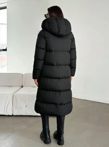 EURMUSE Hooded Side Pocket Snap Button Drawstring Padded Coat For Autumn And Winter - Black - View 3