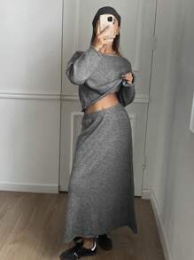 DAZY 2 pièces/set Pull à manches longues col asymétrique et jupe mi-longue en tricot pour femmes, tenue décontractée, automne