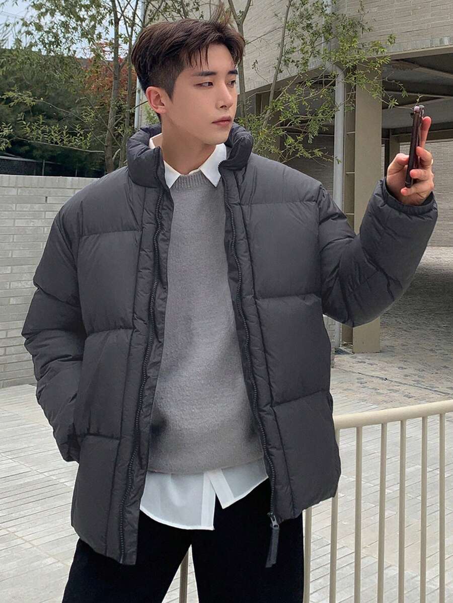 DAZY 1pc Men's Solid Color Zipper Winter Casual Padded Coat,Fall Clothes Jacket - Grey - View 1