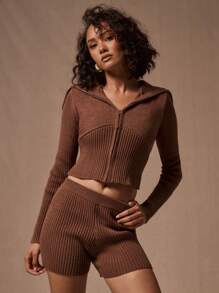 MUSERA 罗纹针织拉链开衫，舒适休闲街头风 - 棕色 - 查看 1