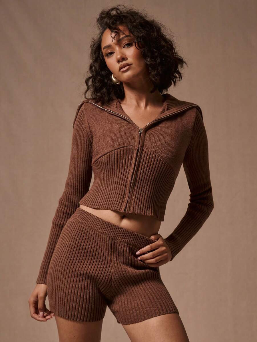 MUSERA 罗纹针织拉链开衫，舒适休闲街头风 - 棕色 - 查看 1