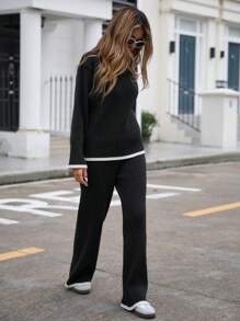 EMERY ROSE Set de 2 piezas de suéter de cuello redondo con bloques de color y pantalones deportivos casuales de estilo francés de para mujer, otoño - Negro - Ver 2