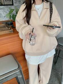 DAZY 2pcs Women Casual Minimalist Solid Color Oversized Sweatshirt & Sweatpants Set, Suitable For Autumn/Winter Thermal Lined Tracksuits Women Set Lounge Sets For Women - Apricot - View 2