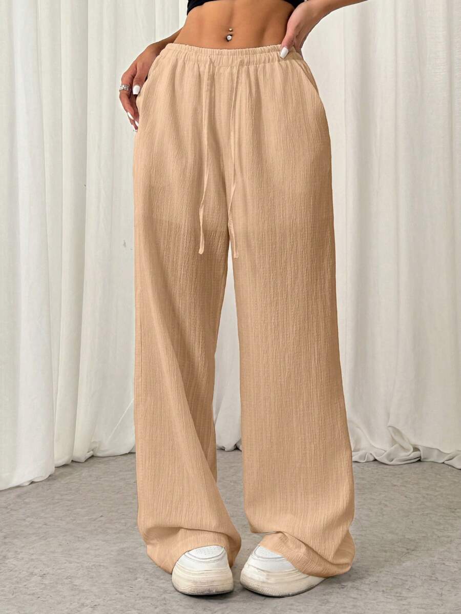 SHEIN EZwear Quần cạp chun xếp ly họa tiết thường ngày cho nữ - Màu Khaki - Xem 1