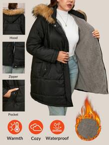 SHEIN LUNE Zimowy płaszcz z kapturem i kołnierzem futrzanym w dużym rozmiarze na zimowe wakacje - Czarne - Zobacz 1