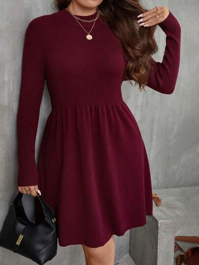 SHEIN LUNE Plus Size Casual Daily Solid Color Waist Ribbed Knit Sweater Dress, Autumn/Winter, For Thanksgiving Fall Cloth For Women