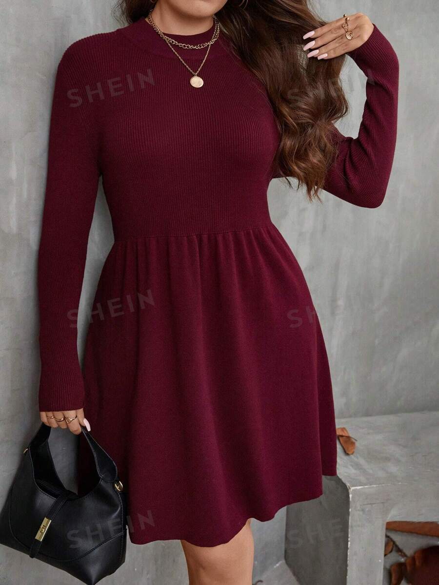 SHEIN LUNE Vestido suéter de punto acanalado de unicolor de talla grande para uso diario casual, otoño/invierno, para el Día de Acción de Gracias