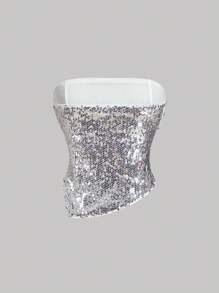 SHEIN MOD Women Silver Sequin Patchwork Asymmetric Hem Sleeveless Crop Top,Silver Top,New Year Party Top,Holiday Top, Women Outfit,New Year Women Clothes,Party Women Dresses,New Year Eve Top,Holiday Top - Silver - View 2