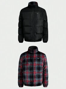 Manfinity VCAY Reversible Plaid Men Casual Collar Thickened Padded Coat, Windproof Warm Lined Coat, Fashionable Versatile Outerwear For Autumn/Winter, Christmas