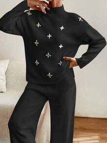 EURMUSE Women Sweater With Pearl Detailed And Knit Pant - Black - View 2