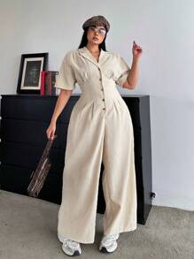 POPSWAY Plus Size Plain Front Button Down Collar Long Sleeve Simple Jumpsuit, Casual - Apricot - View 1