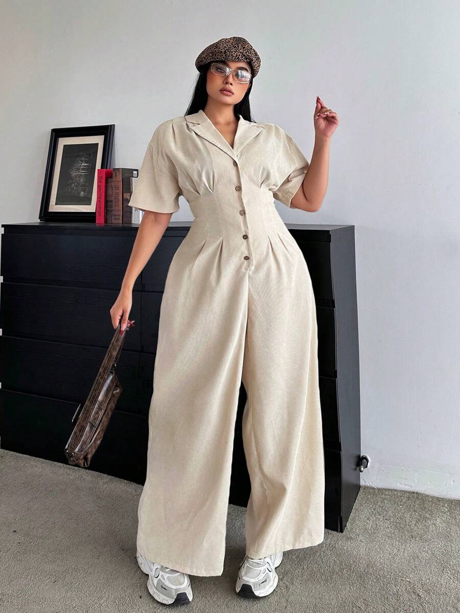 POPSWAY Plus Size Plain Front Button Down Collar Long Sleeve Simple Jumpsuit, Casual - Apricot - View 1