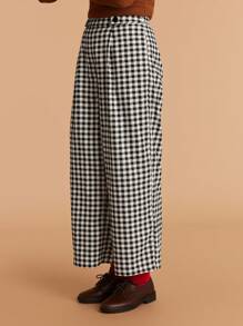 SHEIN LUNE Pantalones de pierna ancha de talle alto con botones a cuadros para mujer - Multicolor - Ver 7