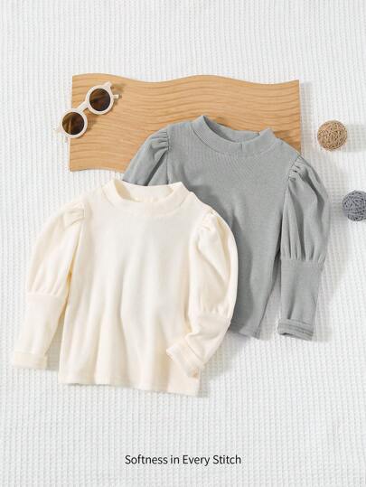 Cozy Pixies 2 件装女婴纯色针织柔软圆领羊腿袖毛衣套装