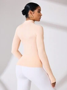 SHEIN Sports 女士纯色前拉链长袖运动背心/无缝/拉链/拇指孔 - 粉色 - 查看 2