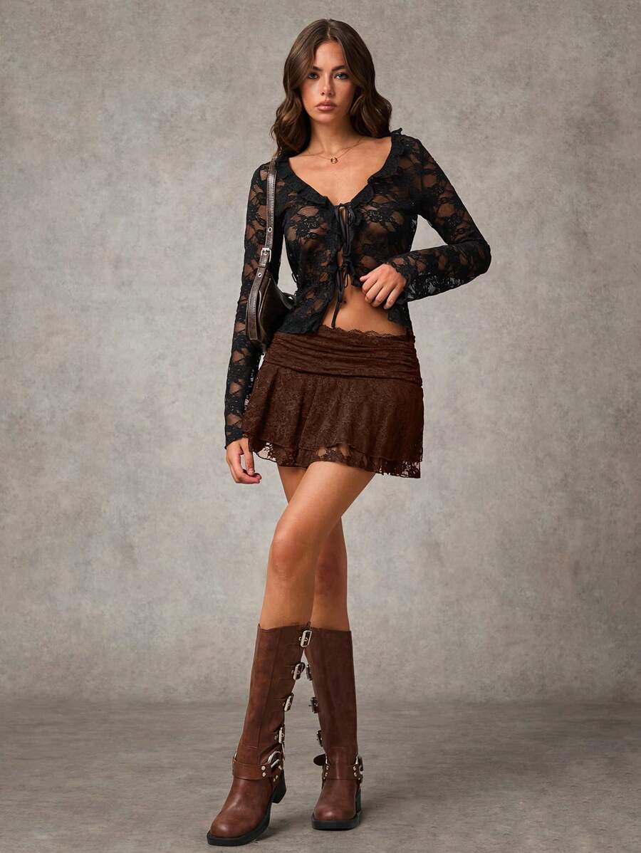 SHEIN BAE Black Lace Sweet Romantic Western Paneled Ballet Style Ruffled Mini Skirt - Coffee Brown - View 1