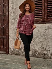 EMERY ROSE Camiseta casual con botones, de talla grande, con estampado de paisley - Burdeos - Ver 3