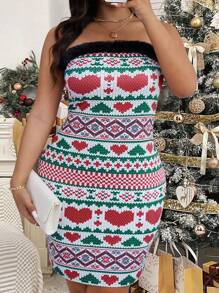 SHEIN Clasi Plus Size Fashion Patchwork Furry Trim Heart Print Bandeau Bodycon Dress