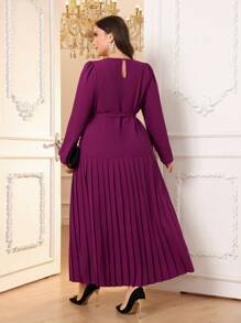 Modelyn Plus Size Elegant Solid Color Puff Sleeve Pleated Hem Dress, Autumn & Winter Long Evening Dresses