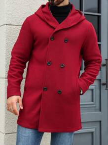 Manfinity Homme 1pc Men's Solid Color Button Front Long Sleeve Minimalist Hooded Overcoat, Casual Winter Fall Going Out Business Overcoat, For Friends, Husband, Boyfriend Gifts