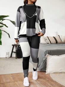 Calvaya Plus Size Casual Colorblock Plaid Beaded Decor Long Sleeve Top, Pants & Vest 3pcs Suit Set, Autumn