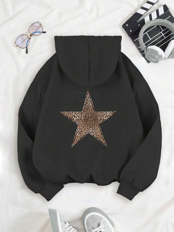 SHEIN Hanorac pentru fete Tween, ocazional, sportiv, confortabil, cu imprimeu cu stele leopard