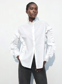 Maija 1 件女式纯色荷叶边单排扣长袖休闲衬衫，秋季 - 白色 - 查看 9