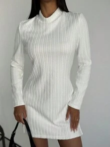 SHEIN Privé 大码女式优雅简约罗纹厚衬里保暖高领开叉长袖紧身连衣裙，休闲，秋冬 - 白色 - 查看 8