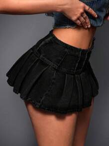 SHEIN ICON Women Frayed Hem Pleated Mini Denim Skirt - Black - View 2