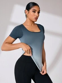 Gameset SHEIN Sport 1 件女式方领短袖渐变色瑜伽基本款 T 恤 - 灰色 - 查看 5