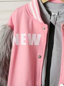 2 Stücke modischer lässiger Sportoutfit für Kleine Mädchen: New York Buchstaben-Muster Fellbomber Jacke + einfarbiger gerippter Langarm Jumpsuit, Frühling und Herbst - Verschiedenfarbig - Übersicht 3