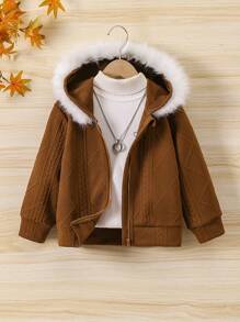 SHEIN Young Girl Autumn Diamond Pattern Zipper Up Hooded Jacket - Brown - View 1