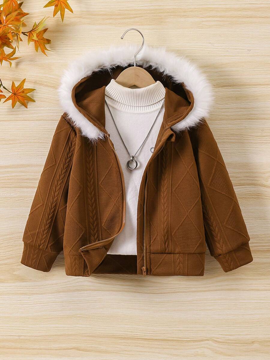 SHEIN Young Girl Autumn Diamond Pattern Zipper Up Hooded Jacket - Brown - View 1